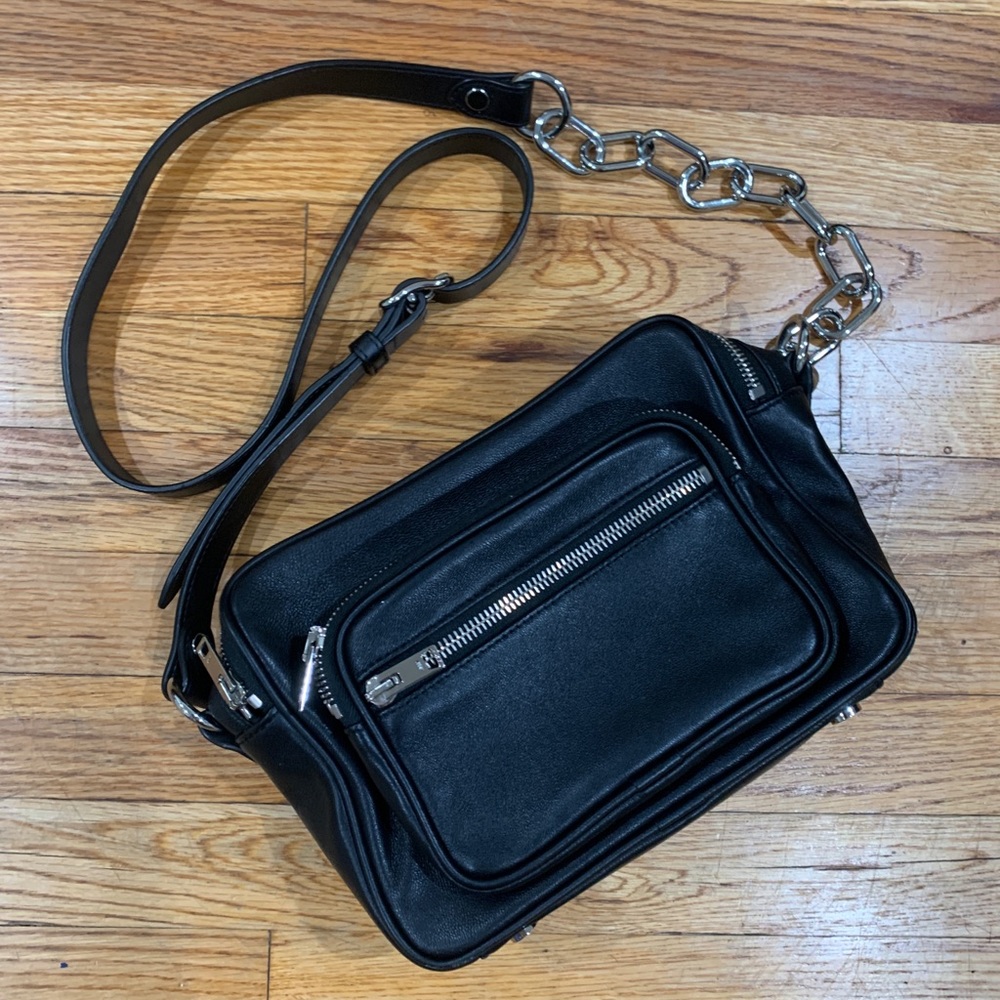 ALEXANDER WANG BLACK CROSSBODY LEATHER BAG WITH SILVER CHAIN AND DETAILS